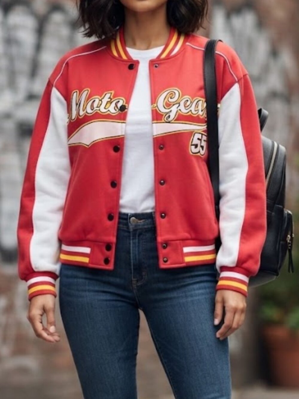 Moto Gear Red & White Varsity Sweater Jacket Snap Front Bomber Small S/P